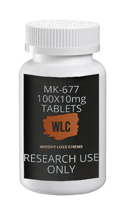 MK677 Ibutamoren 10mg Tablets: Bottle of 100 tablets for research use only.